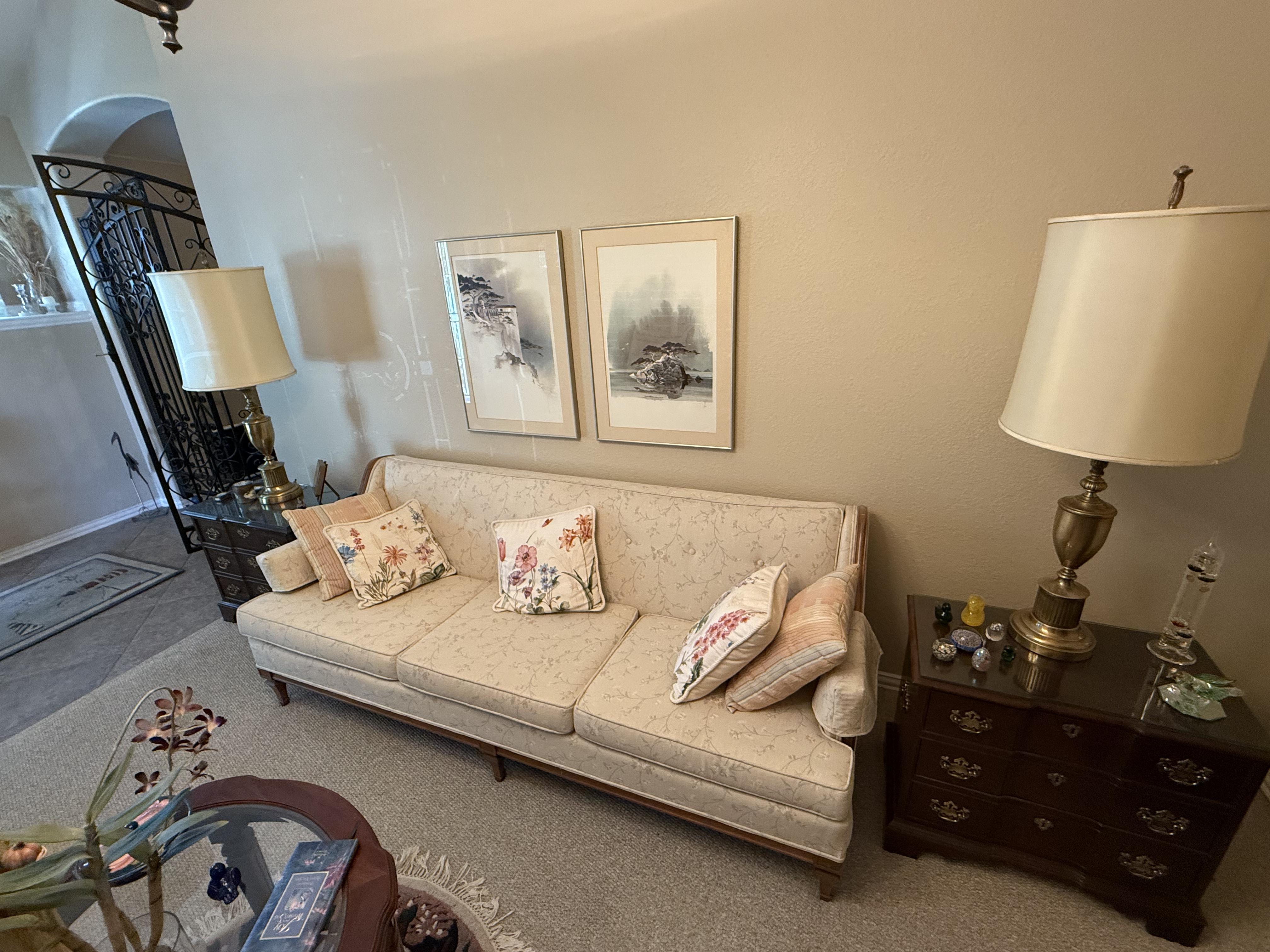Tan floral print three-cushion sofa